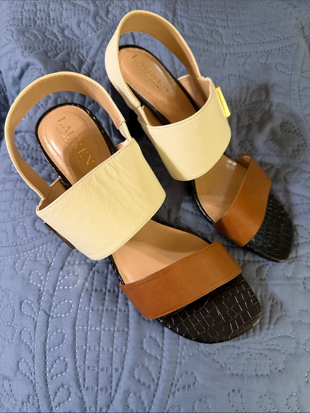 Lauren Ralph Lauren Cream, Brown & Black Colorblock Slingback Sandals